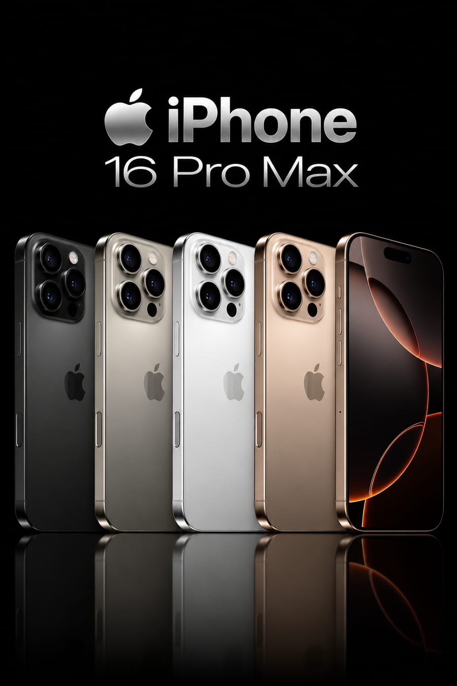 iPhone 16 Pro Max, disponível em Preto, Titânio natural, Branco, Titânio-deserto
