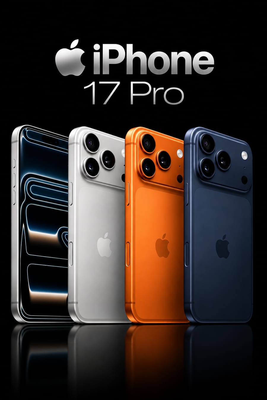 iPhone 17 Pro, disponível em Prata, Laranja, Azul-marinho