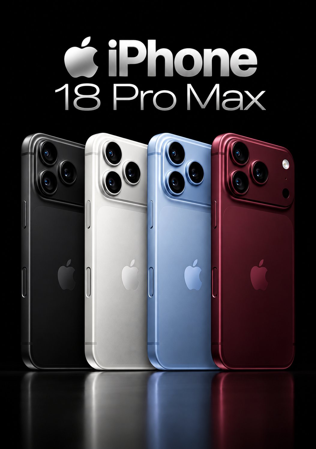 iPhone 18 Pro Max, disponível em Preto, Branco, Azul, Bordô